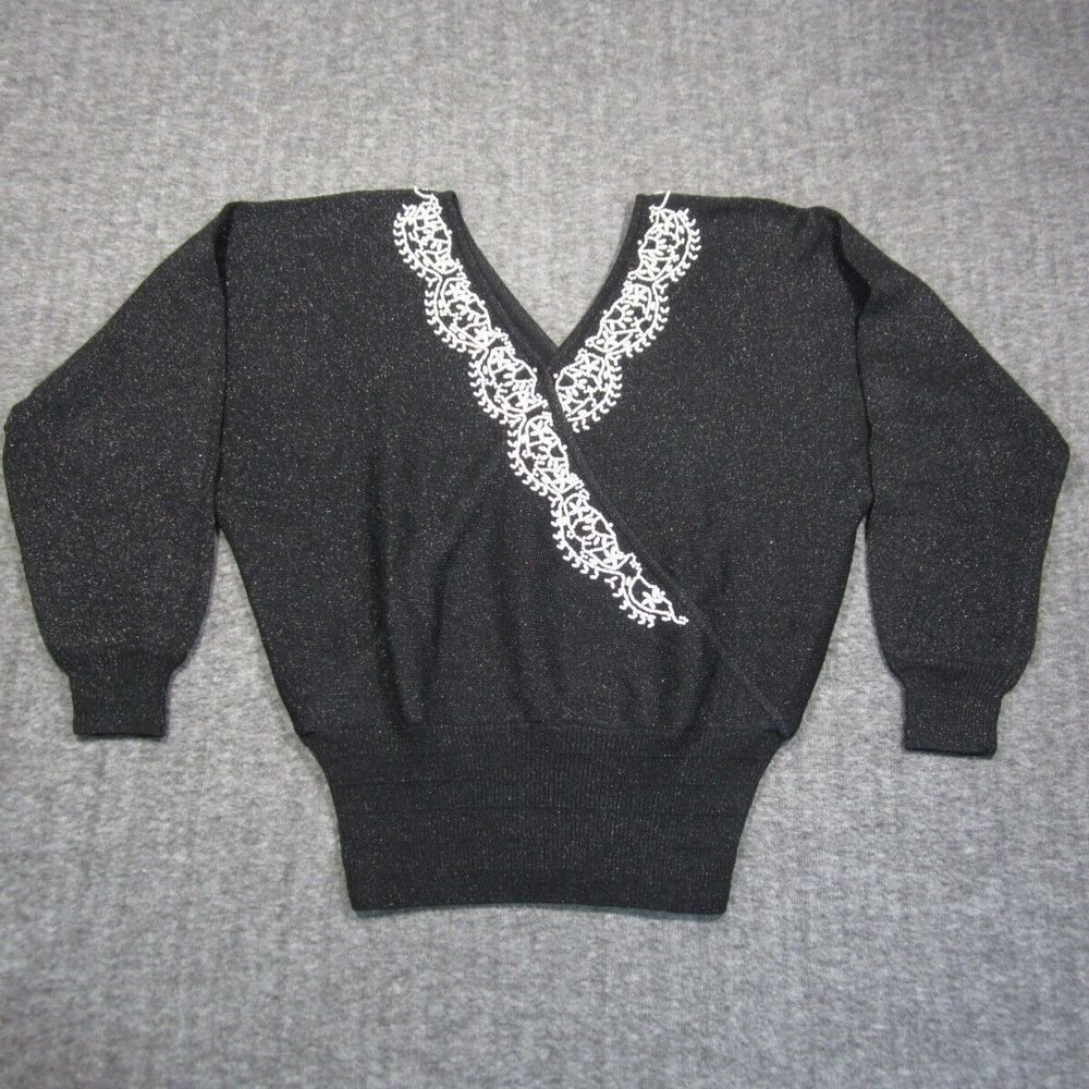 Vtg Leau Vive Lambswool Blend Sweater‎ Womens L Black Pearl Beaded Sparkle Glam